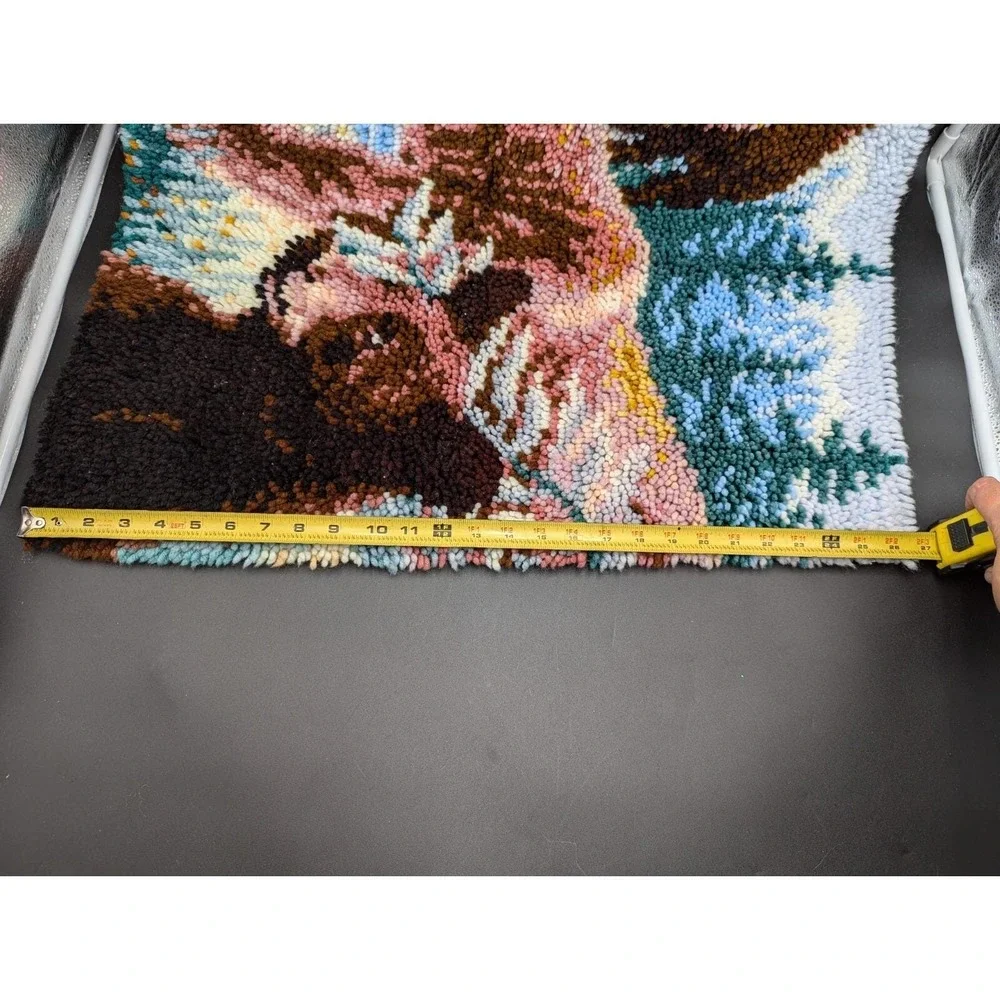 RARE VTG Latch Hook Rug Wall Hanging Moose Deer Bison Bear Mountain Lion Stream